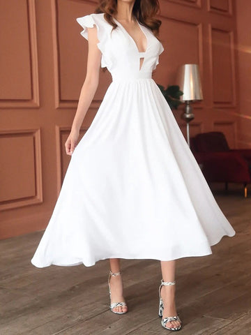 Woochic mi-longue robe volantée fluide décolleté plongeant élégant de cocktail Blanche S